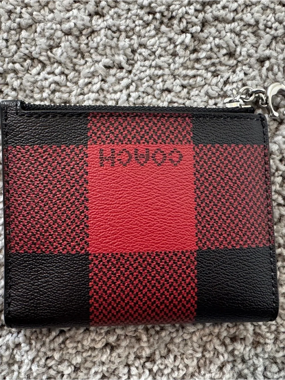COACH Red and Black Plaid Bifold snap Leather Zip wallet